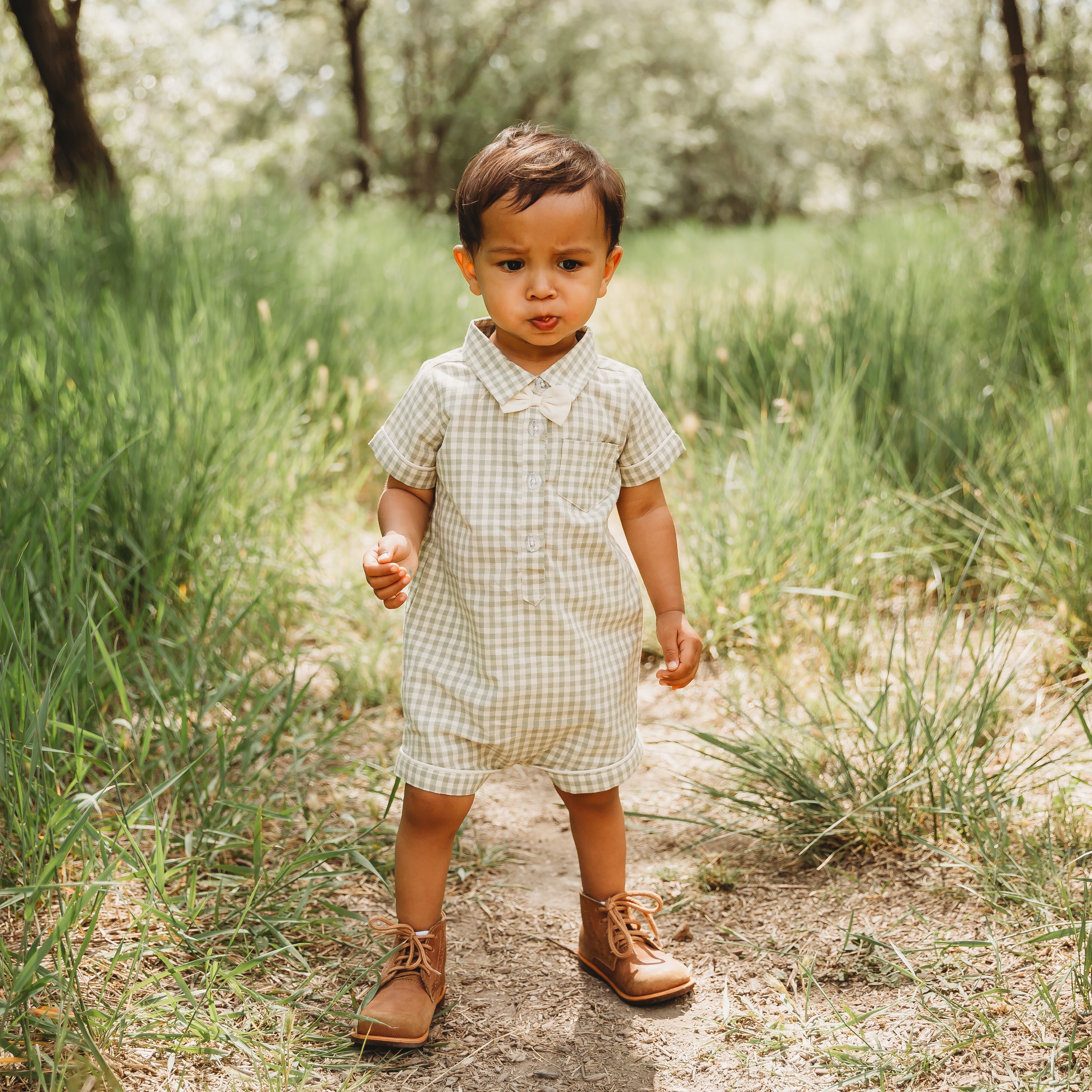 Green Gingham Boy Bubble in - Romper photo
