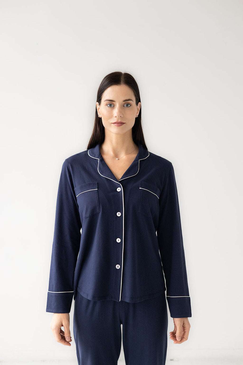 Classic Luxury Pajamas in Brushed Pima Cotton in Midnight Blue White - PAJAMAS photo