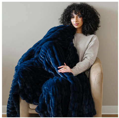 Saranoni Double Ruched Faux Fur Throw Blankets in Midnight - photo