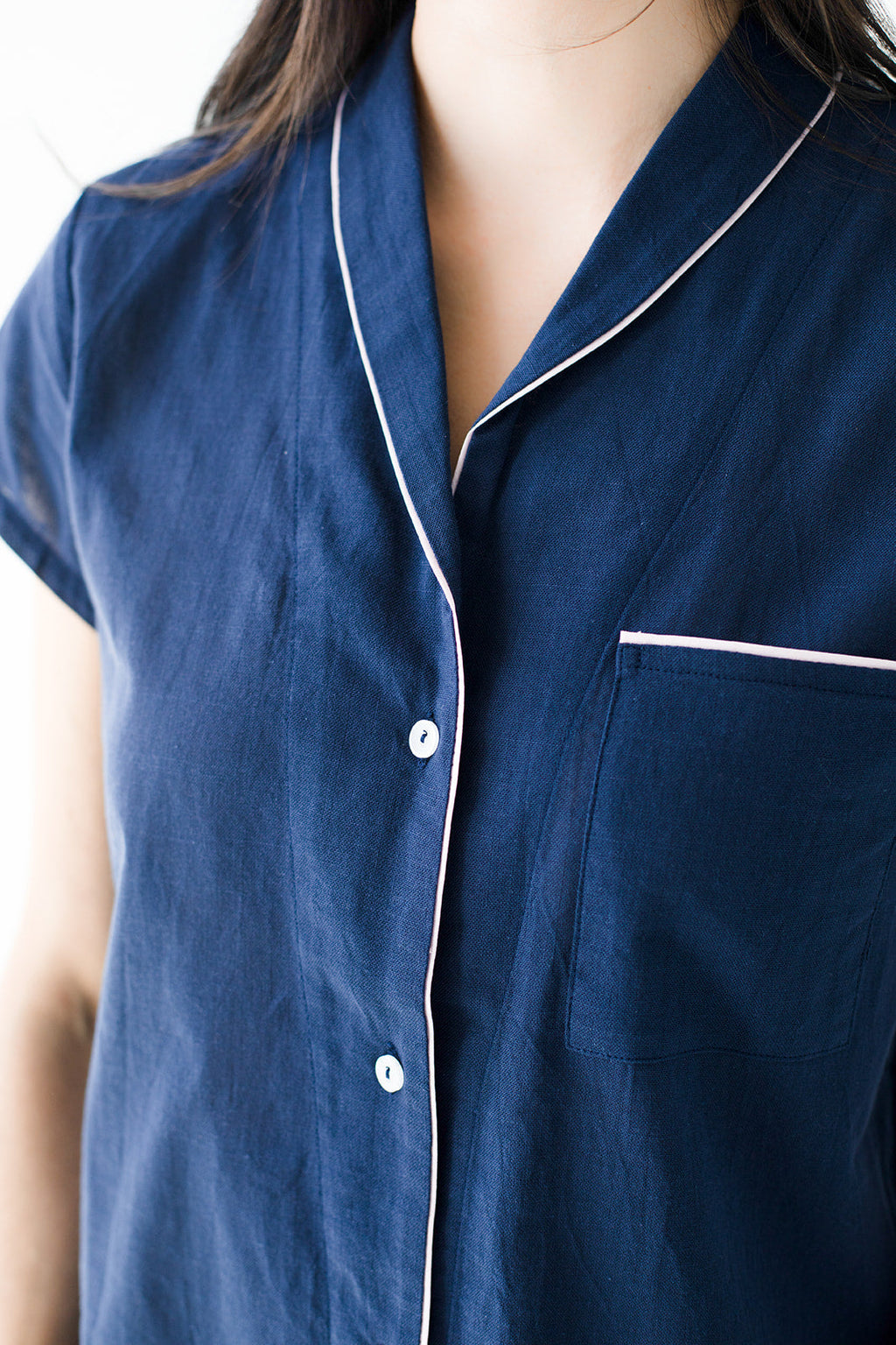 Shawl Collar Boyfriend Shirt in Navy - PAJAMAS photo