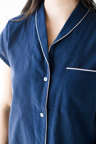 Shawl Collar Boyfriend Shirt in Navy - PAJAMAS photo