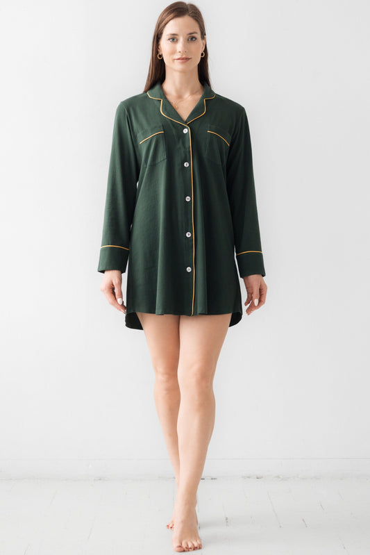 Classic Luxury Sleep Shirt in Brushed Pima Cotton in Forest Gold - NIGHTSHIRTS photo