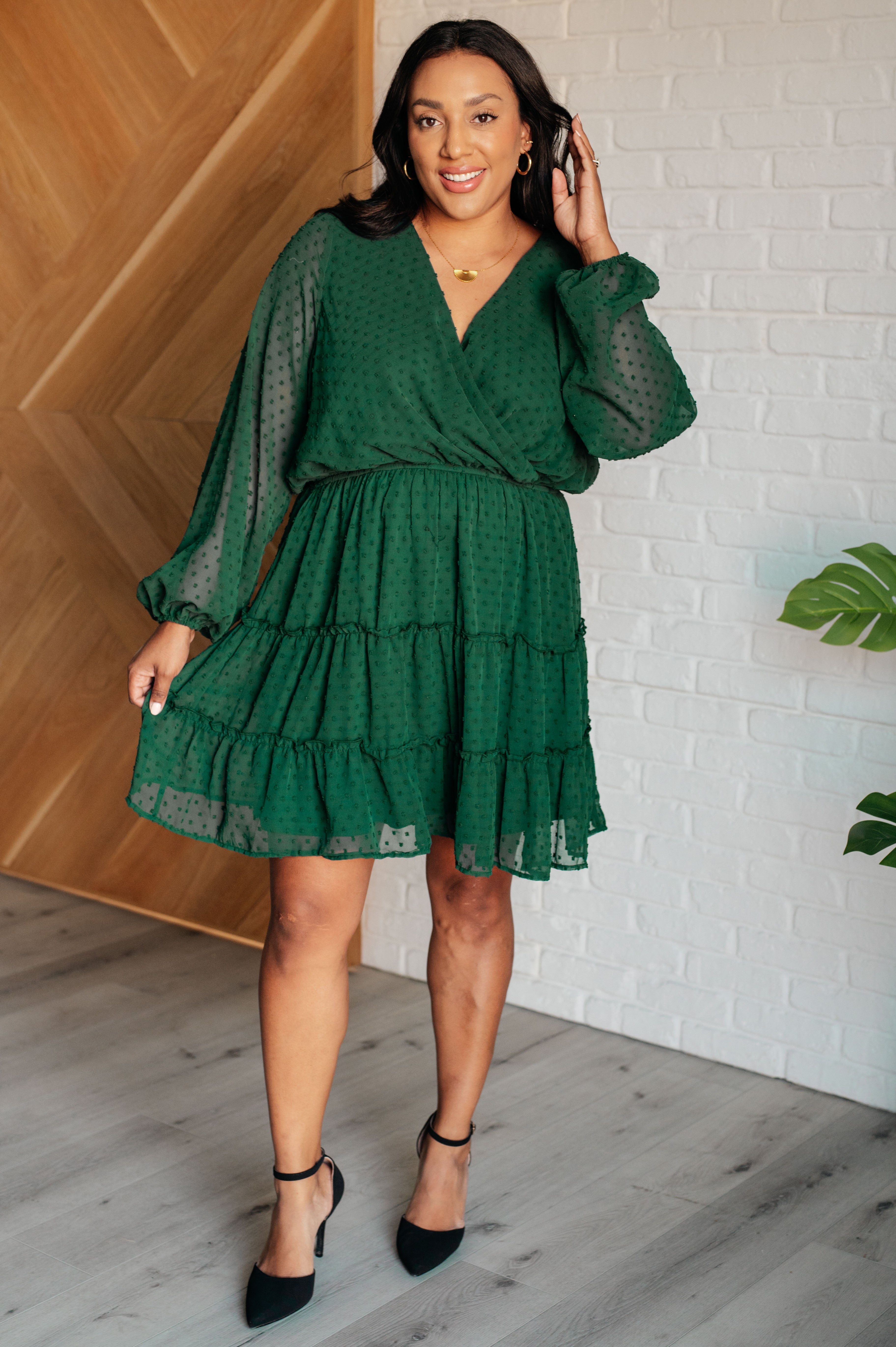 Starlit Glow V-Neck Tiered Dress in Hunter Green in - Dresses photo
