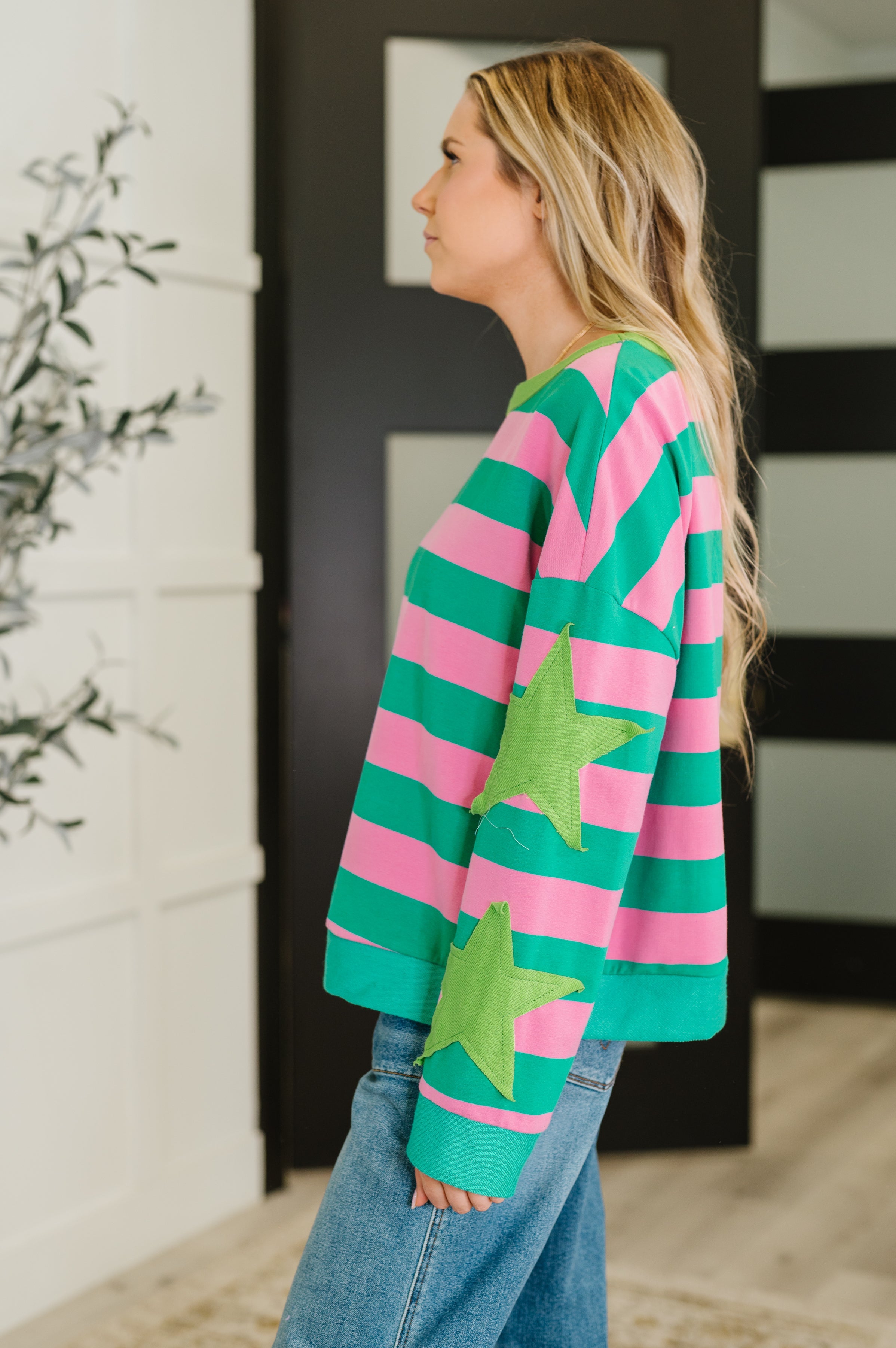 Stars On Stripes Patchwork Striped Sweatshirt in - Womens photo