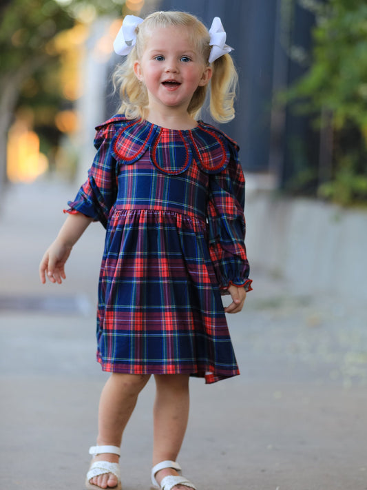 Fall Plaid Girl Dress Petal Collar Puff Sleeve Long Sleeve -