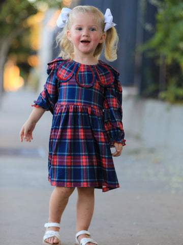 Fall Plaid Girl Dress Petal Collar Puff Sleeve Long Sleeve