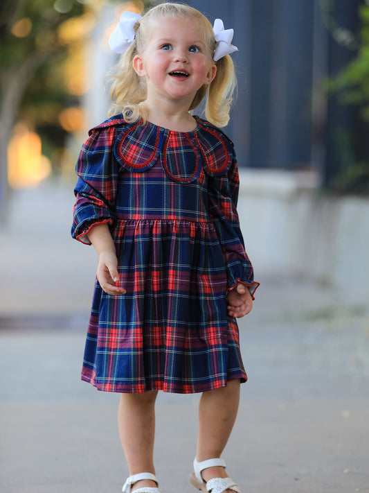 Fall Plaid Girl Dress Petal Collar Puff Sleeve Long Sleeve -