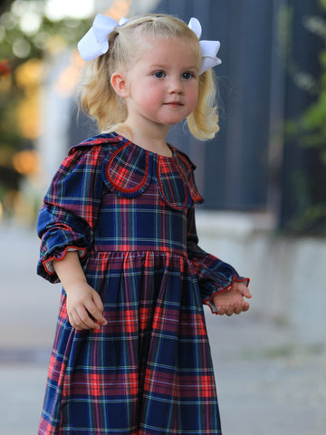 Fall Plaid Girl Dress Petal Collar Puff Sleeve Long Sleeve