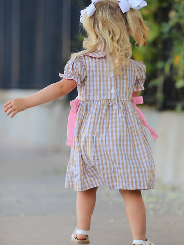 Fall Thanksgiving Lapel Plaid Chick Embroidery Smocking Bow Baby Girls Dress