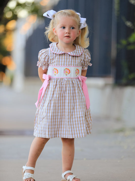 Fall Thanksgiving Lapel Plaid Chick Embroidery Smocking Bow Baby Girls Dress -