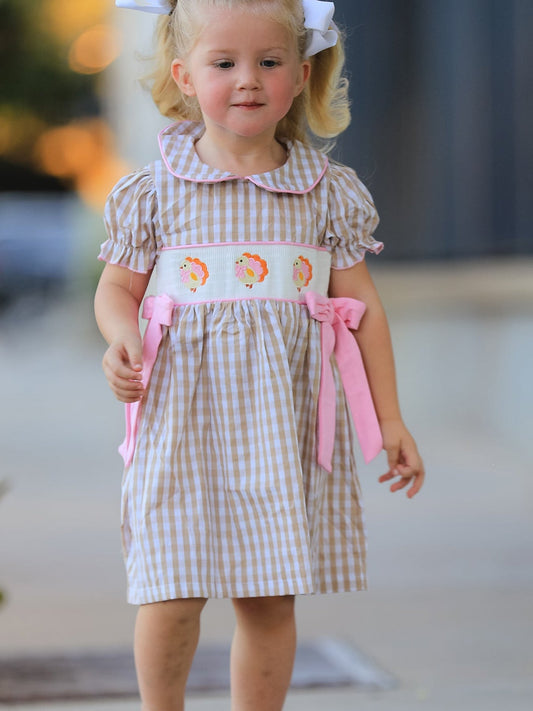 Fall Thanksgiving Lapel Plaid Chick Embroidery Smocking Bow Baby Girls Dress -