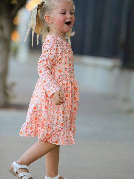 Halloween Thanksgiving Pumpkin Bow Pocket Girls Dress -