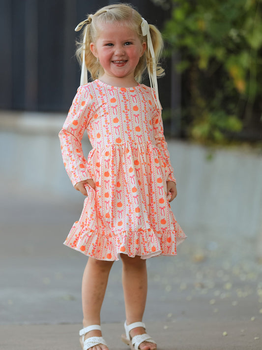 Halloween Thanksgiving Pumpkin Bow Pocket Girls Dress -