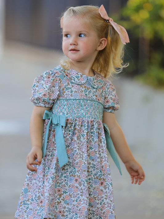 Sage Green Bow Floral Smocked Girl Dress -