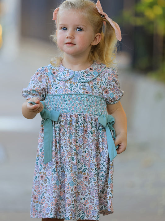 Sage Green Bow Floral Smocked Girl Dress -