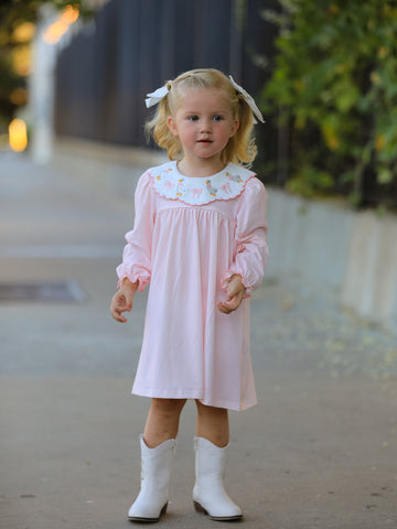 Pink Goose Embroidered Baby Girl Dress Peter Pan Collar Bow Dress