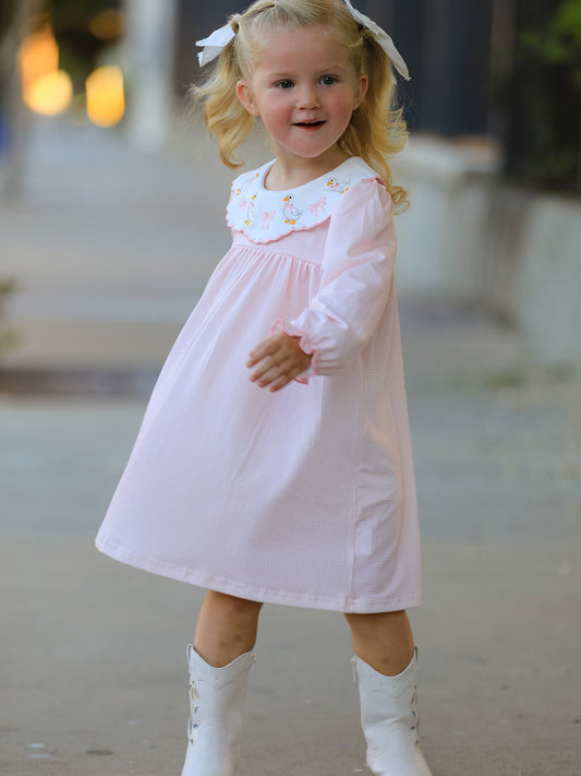 Pink Goose Embroidered Baby Girl Dress Peter Pan Collar Bow Dress -