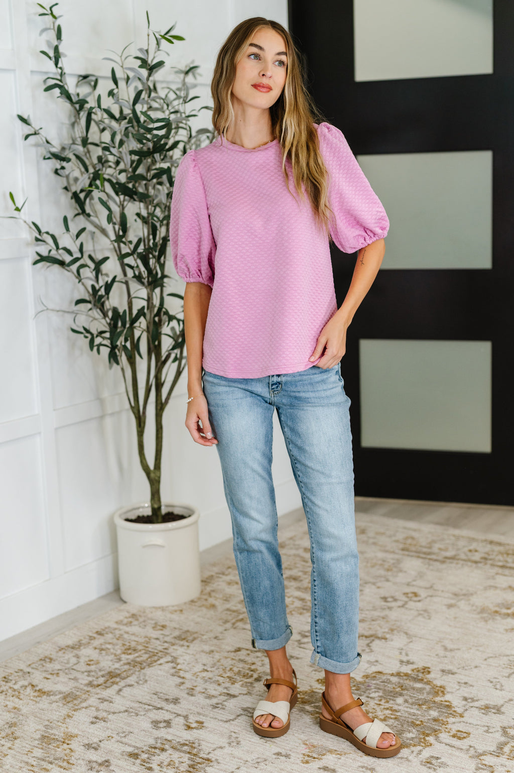 Textured Balloon Sleeve Blouse in Pink in - Womens photo