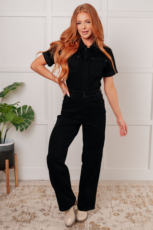 Judy Blue Tilda Short Sleeve Control Top Denim Jumpsuit in - Womens photo
