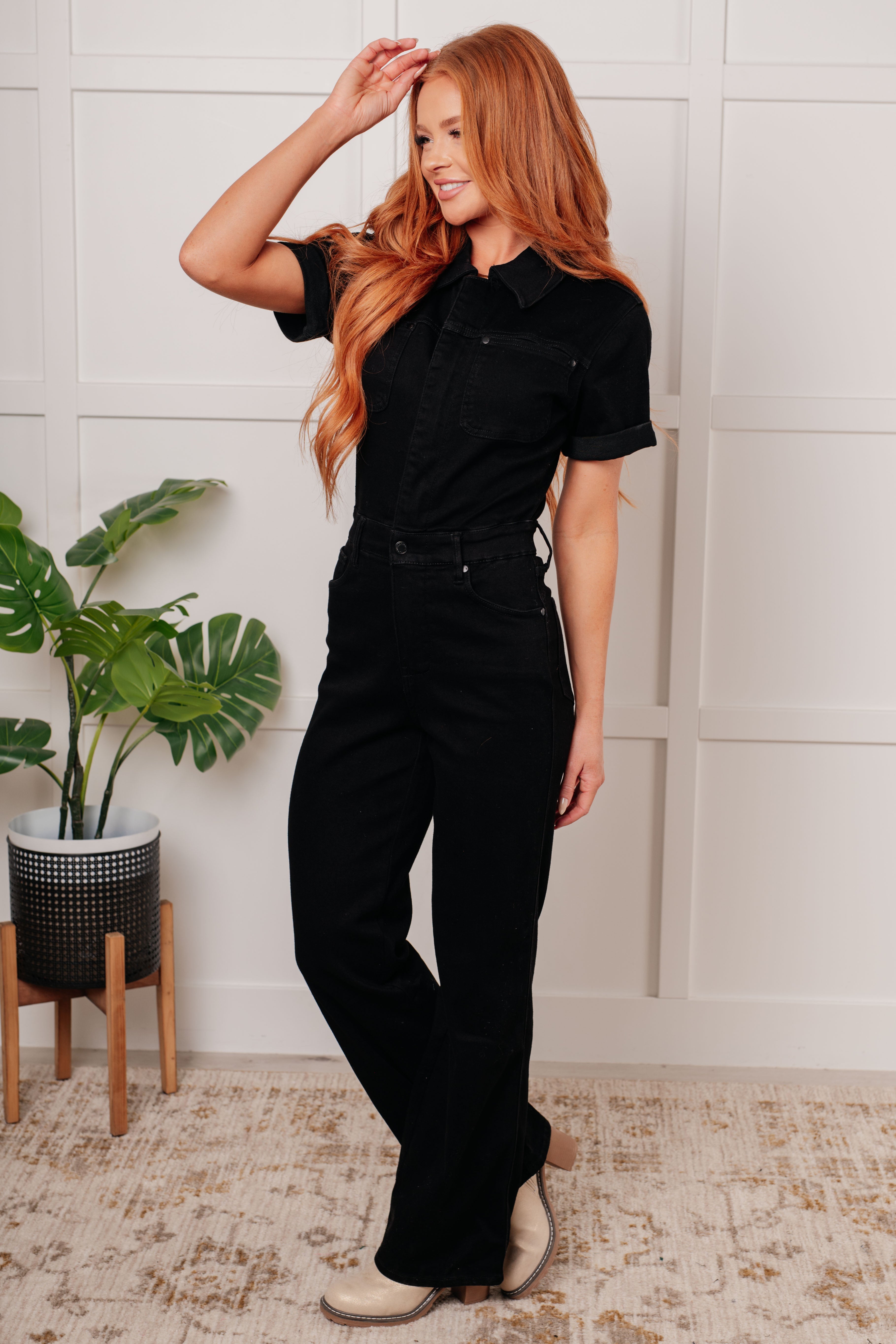 Judy Blue Tilda Short Sleeve Control Top Denim Jumpsuit in - Womens photo