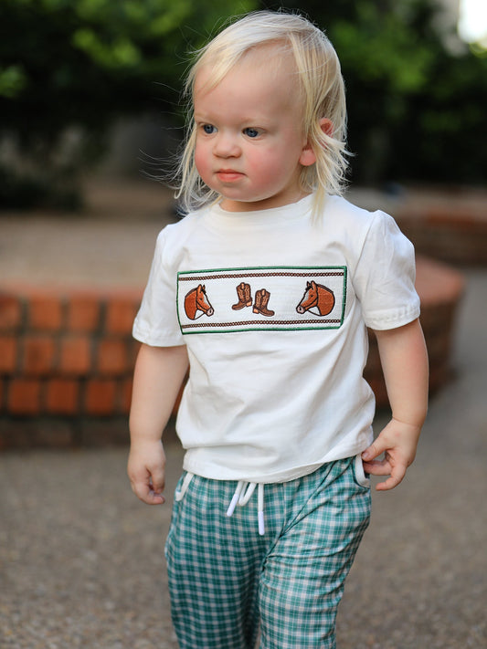 Western Plaid Horse Embroidery Boy Pants Set -
