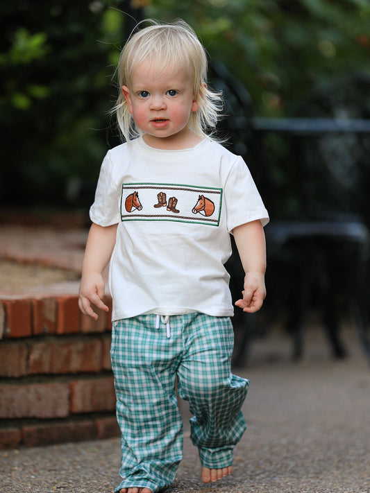 Western Plaid Horse Embroidery Boy Pants Set -