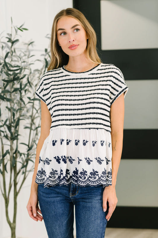 Too Sweet to Share Scalloped Hem Blouse in Ivory and Navy in - Womens photo