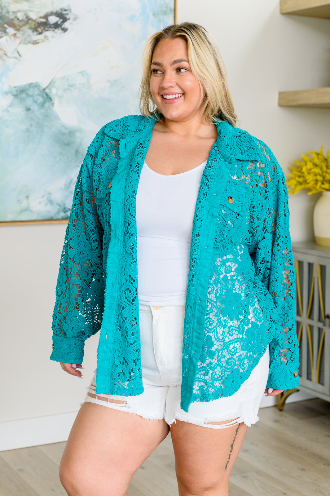 Topped with Lace Button Down in - Tops photo