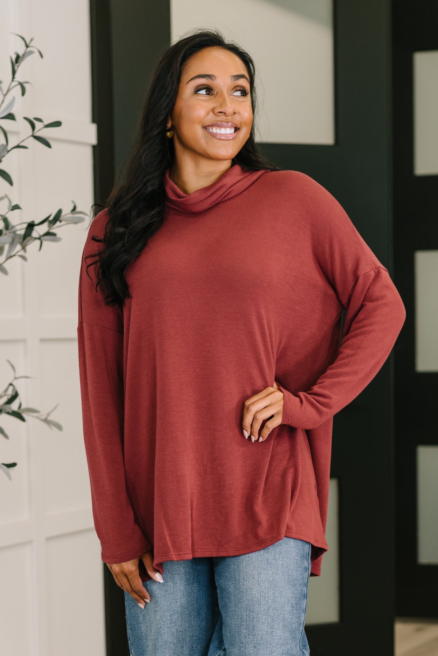 Travel Destination Cowl Neck Pullover in Wine -