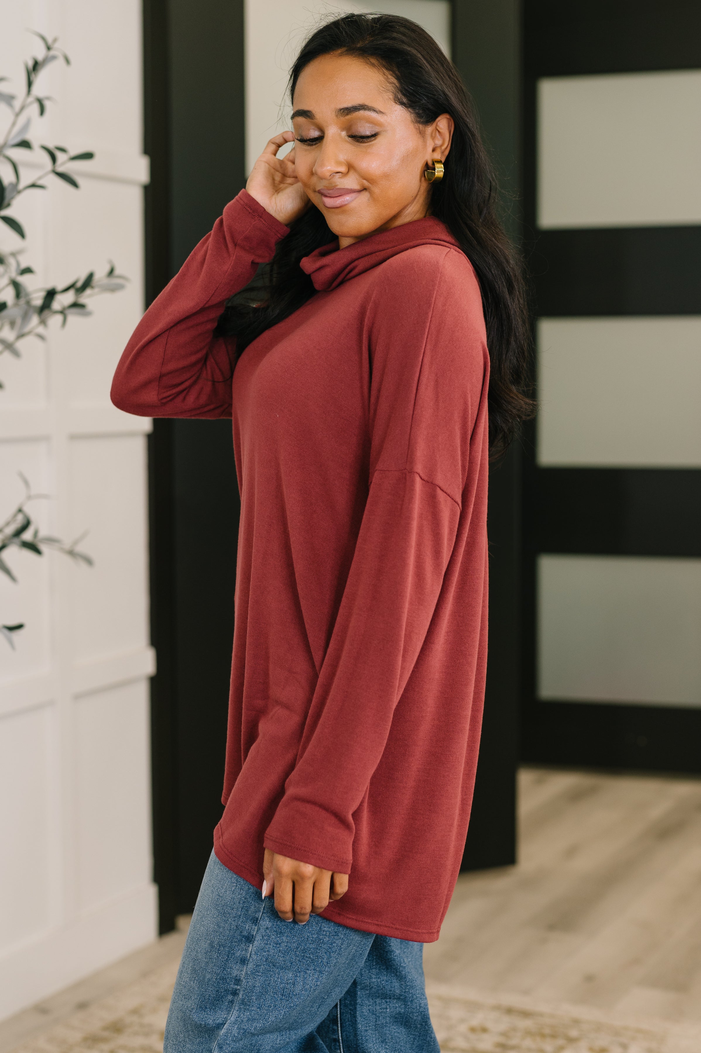 Travel Destination Cowl Neck Pullover in Wine -