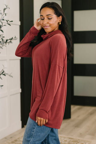 Travel Destination Cowl Neck Pullover in Wine -
