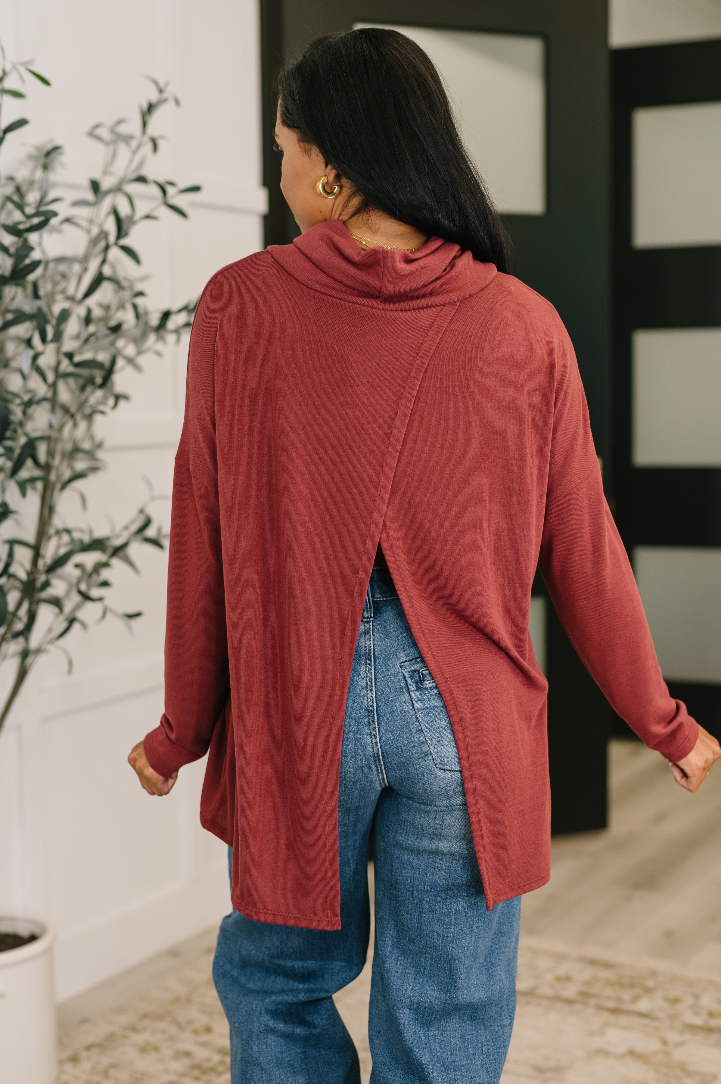Travel Destination Cowl Neck Pullover in Wine -