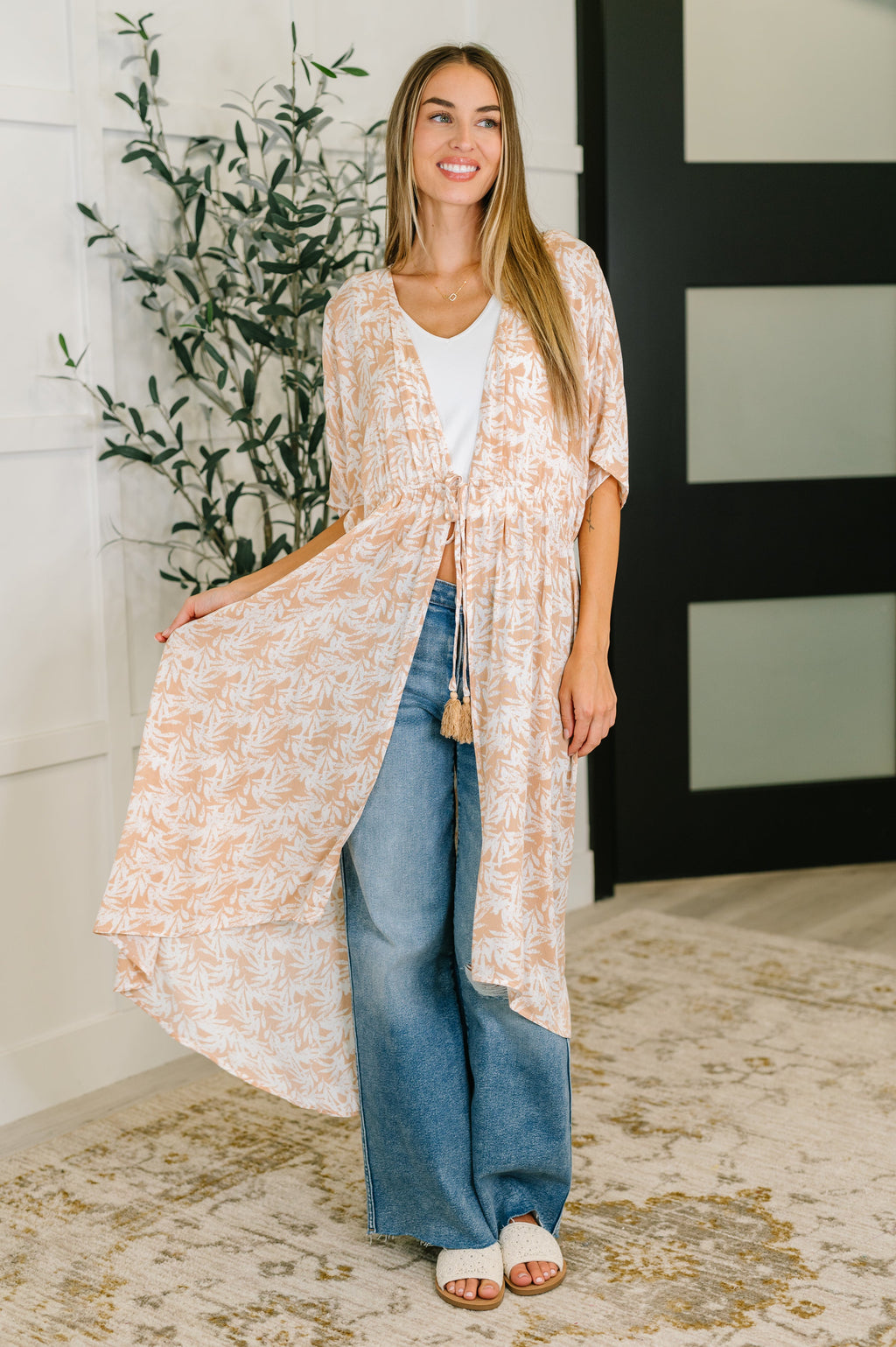 Tropical Print Gauze Kimono with Elastic Waist Tie in Milk Tea in - Womens photo