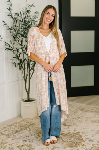 Tropical Print Gauze Kimono with Elastic Waist Tie in Milk Tea in - Womens photo