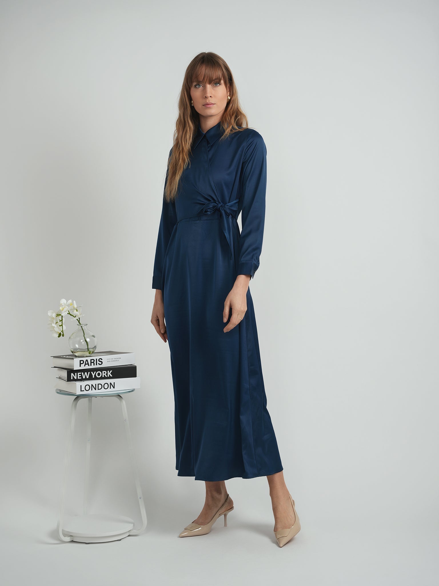 Maxi Satin Wrap Shirt Dress in Midnight Blue - Ladies Dress photo