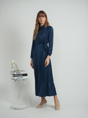Maxi Satin Wrap Shirt Dress in Midnight Blue - Ladies Dress photo