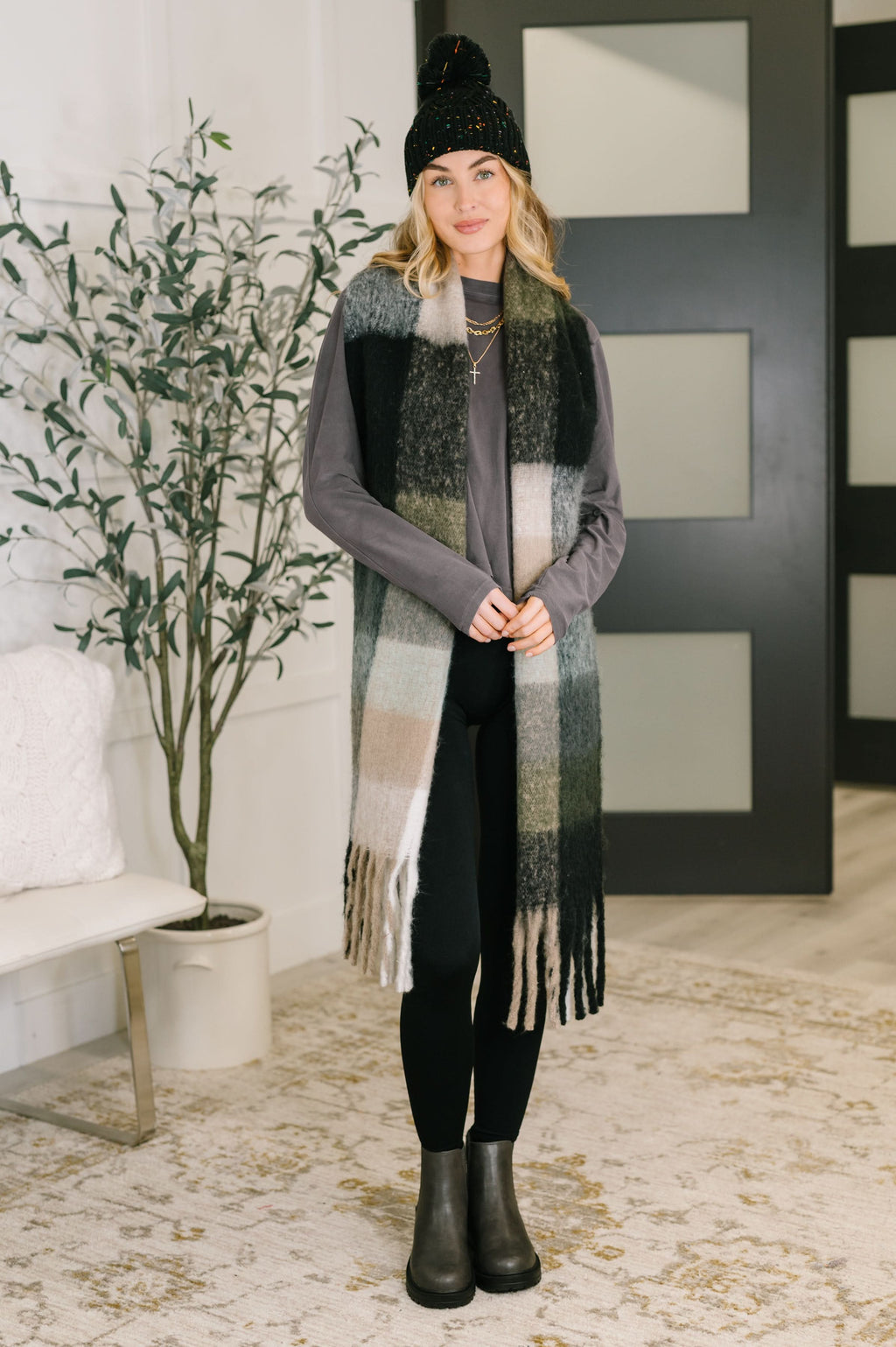 Wanderlust Wrap Oversized Plaid Fringe Scarf in Grey and Jade in - Accessories photo