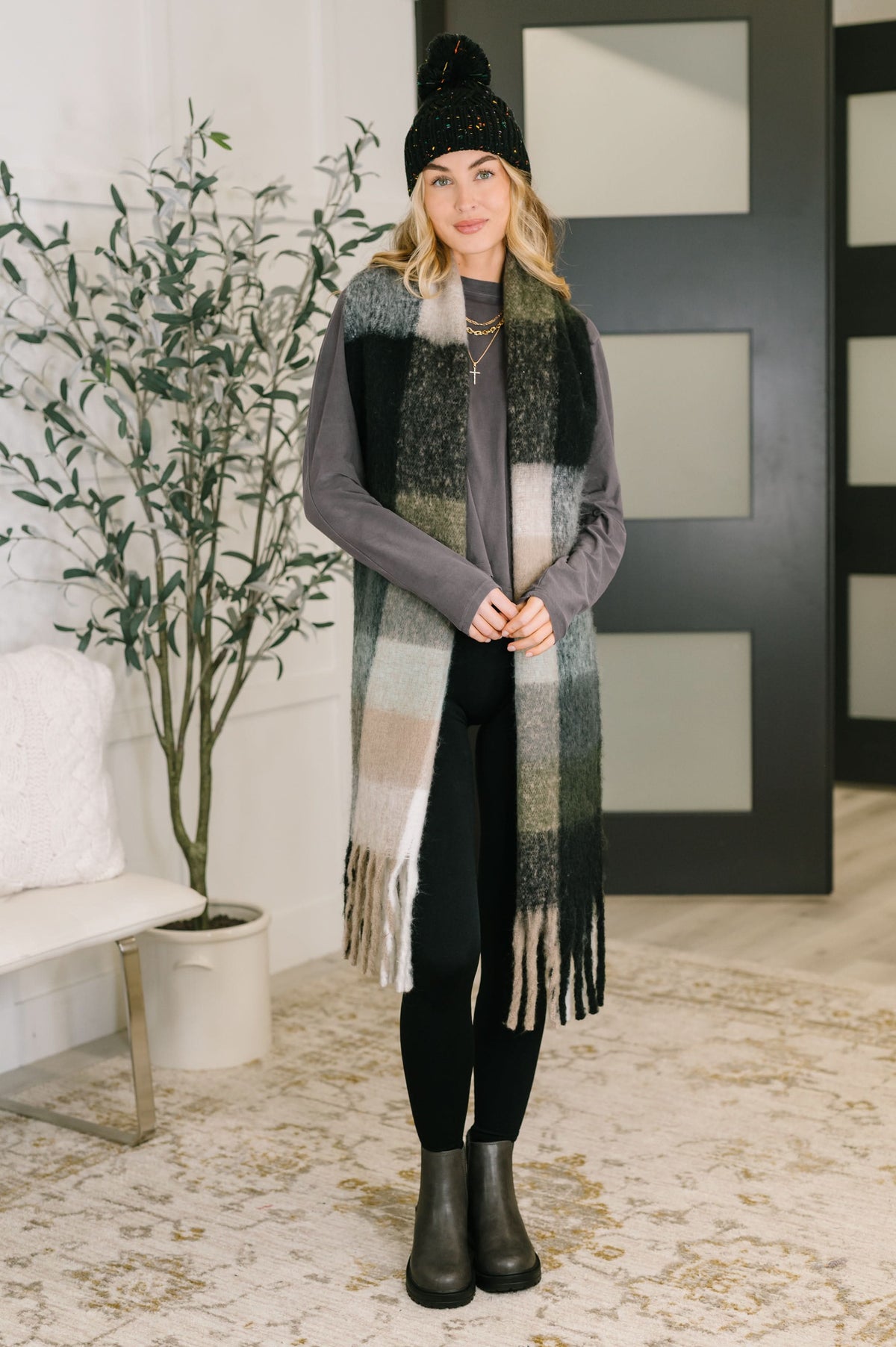 Wanderlust Wrap Oversized Plaid Fringe Scarf in Grey and Jade in - Accessories photo