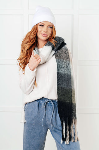 Wanderlust Wrap Oversized Plaid Fringe Scarf in Grey and Jade in - Accessories photo
