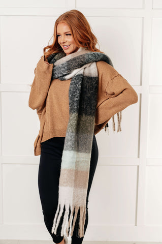 Wanderlust Wrap Oversized Plaid Fringe Scarf in Grey and Jade in - Accessories photo