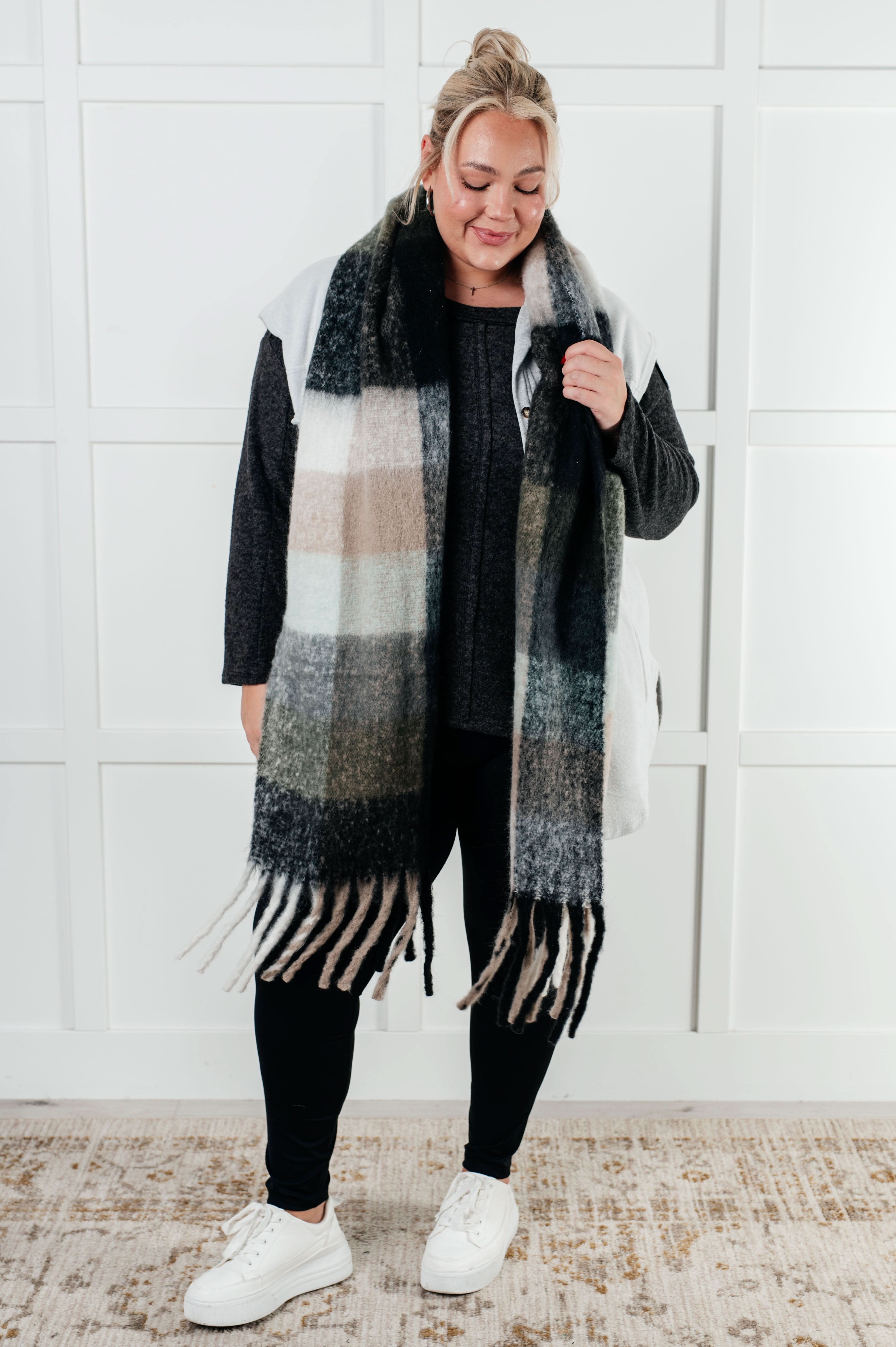 Wanderlust Wrap Oversized Plaid Fringe Scarf in Grey and Jade in - Accessories photo