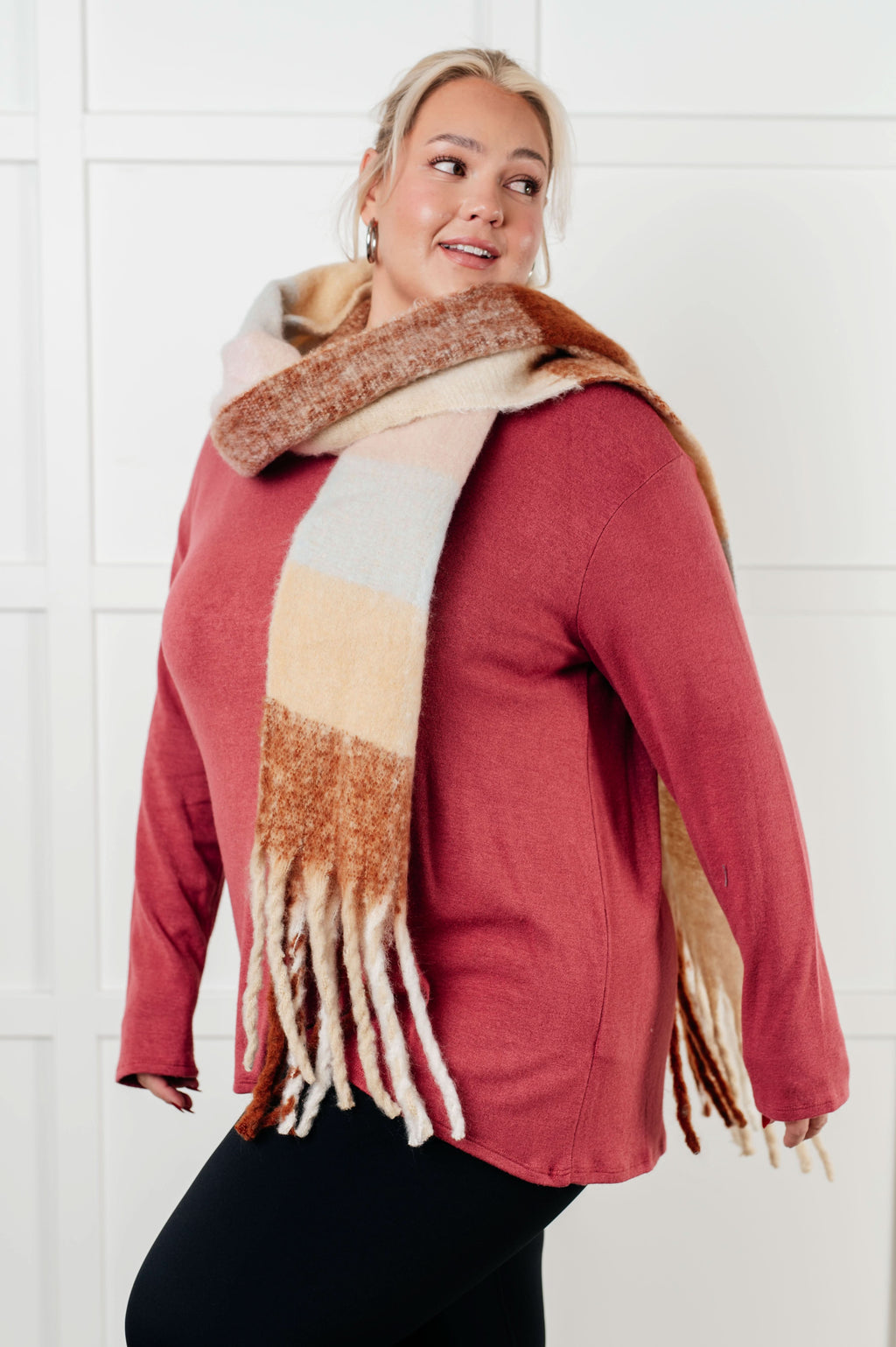 Wanderlust Wrap Oversized Plaid Fringe Scarf in Light Brown in - Accessories photo