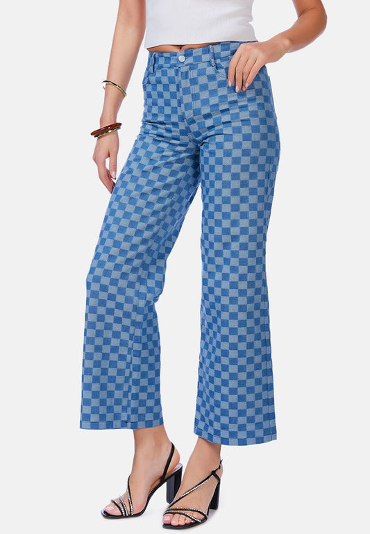 Watercolor Checks Patterned Denim Pants in Blue - Pants photo
