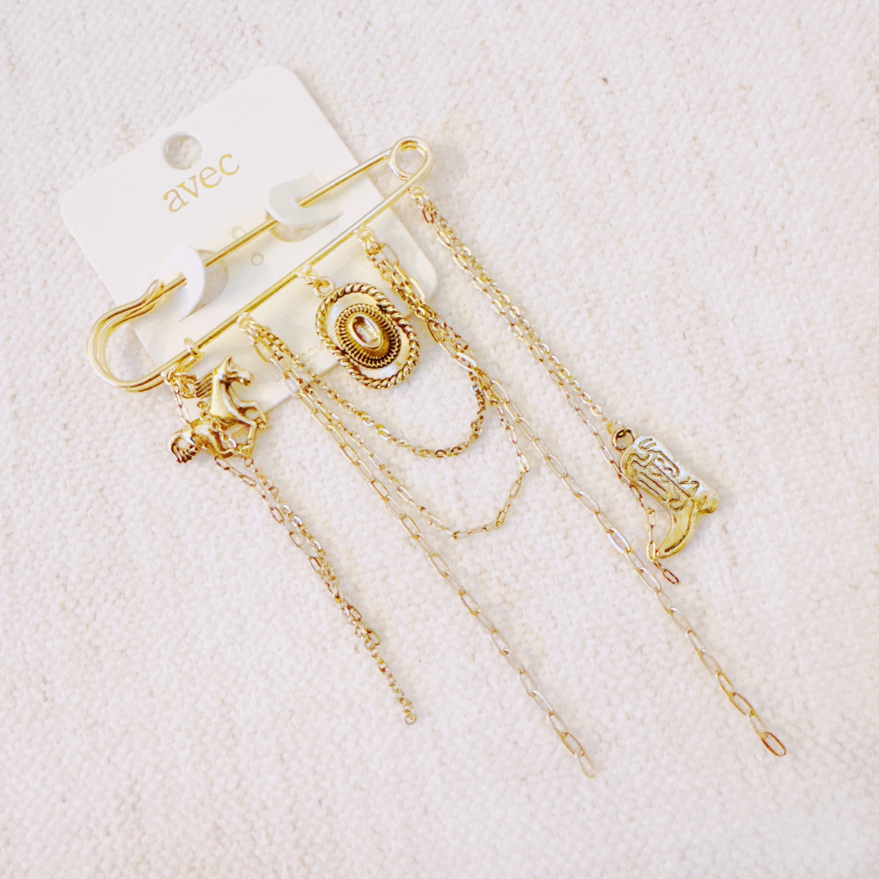 Western Charm Pin Brooch – Gold Safety Pin Style with Cowboy-Inspired Charms in - Fashion Accessories photo