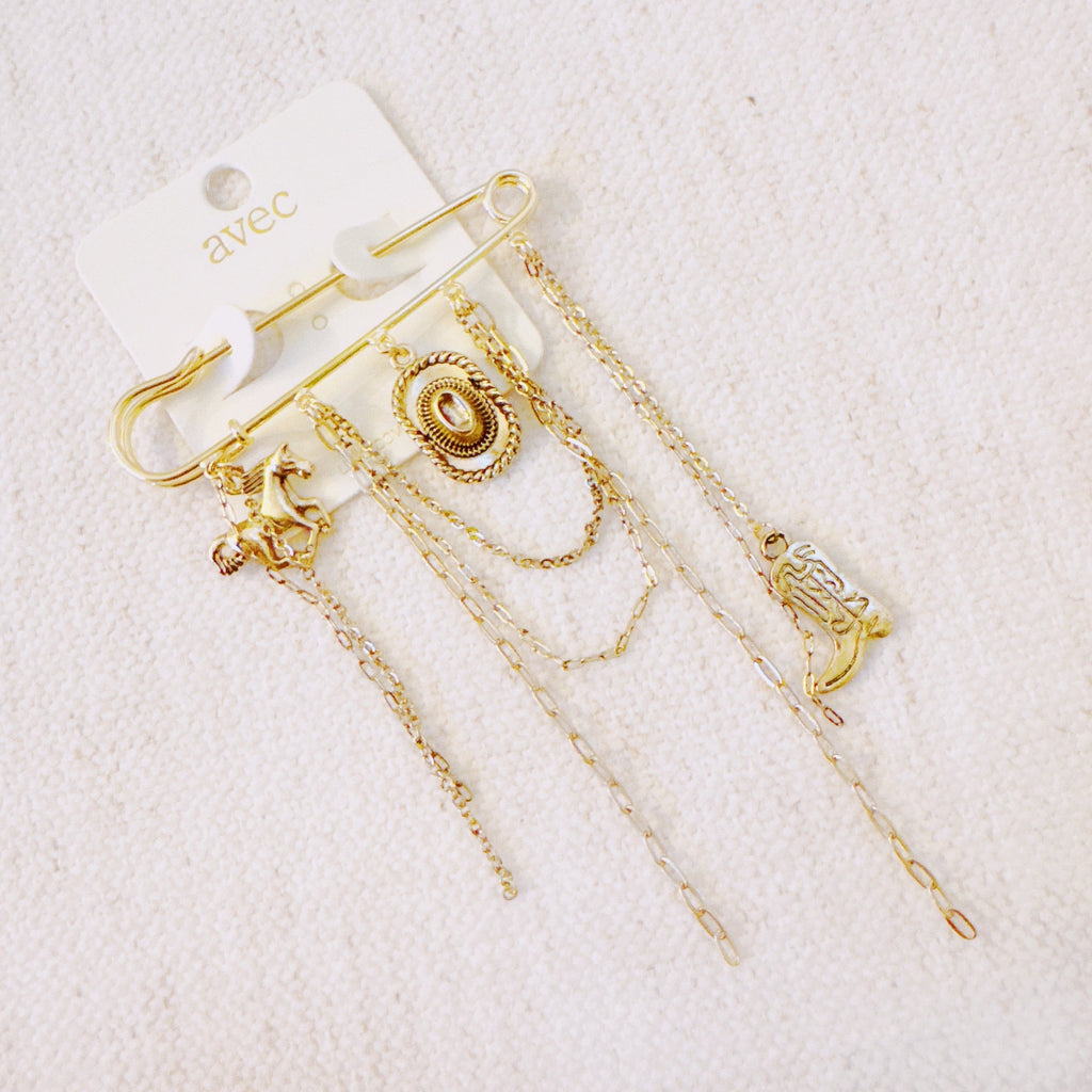 Western Charm Pin Brooch – Gold Safety Pin Style with Cowboy-Inspired Charms in - Fashion Accessories photo