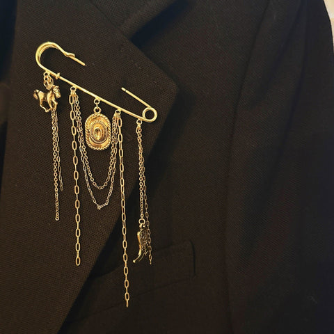 Western Charm Pin Brooch – Gold Safety Pin Style with Cowboy-Inspired Charms in - Fashion Accessories photo