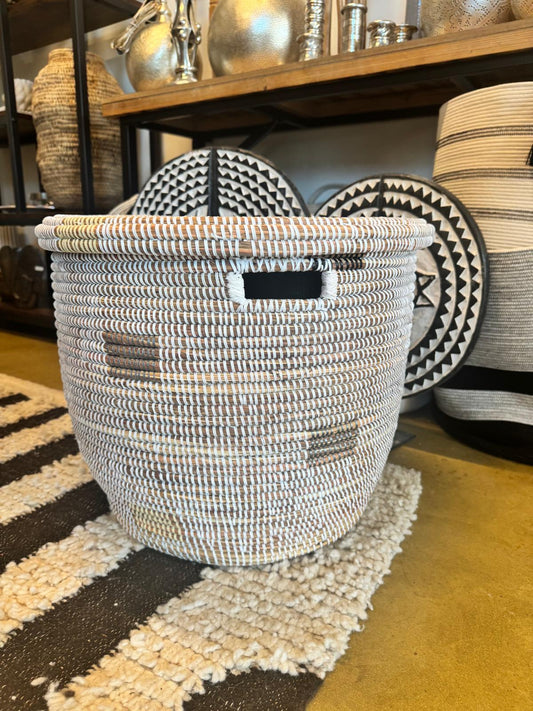 Handwoven Wolof Storage Basket | White & Gray | Senegal -