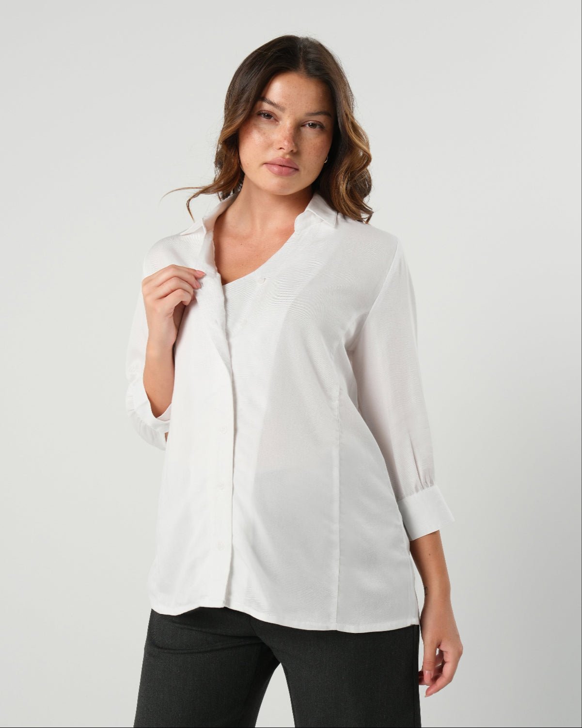 No-Gap Maternity Nursing Button Down Shirt in TENCEL (Regular & Petite) in White - Women's Maternity Blouse photo