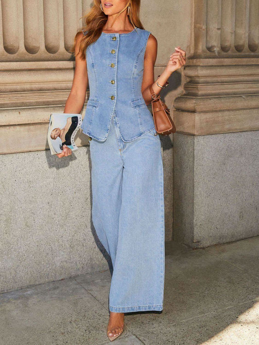 Button Down Vest and Wide Leg Jeans Denim Set in - Outfit Sets photo