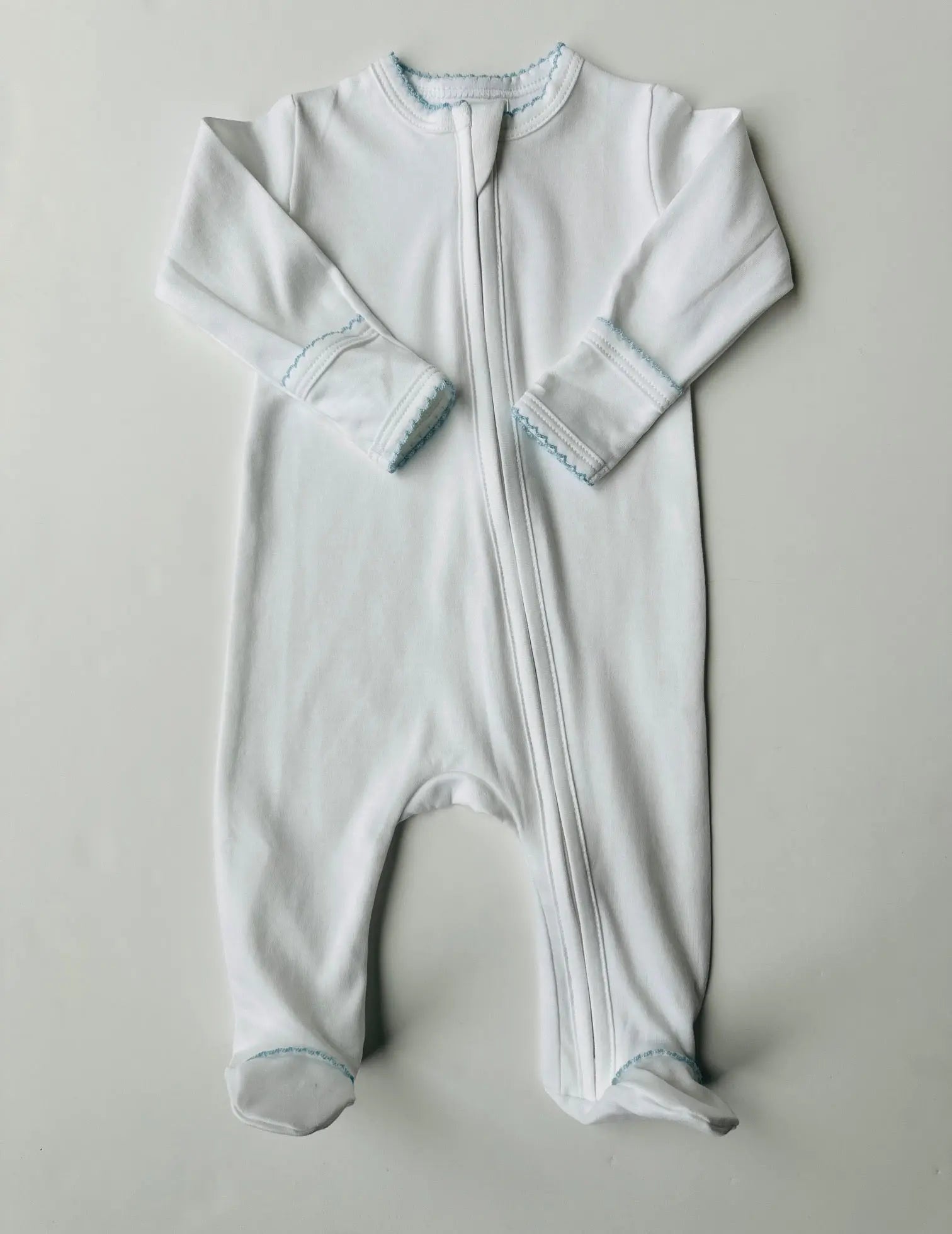 Stroller Society Pima Cotton Zipper Footies Infant Apparel in White with Baby Blue Picot Trim - Onesies photo